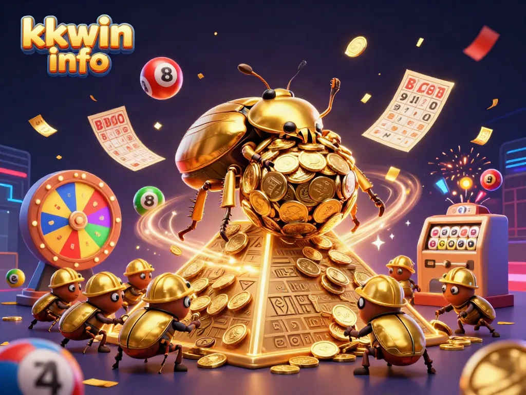 Engage with kkwin info through a lively gaming scene showcasing colorful Lottery elements and a golden beetle.