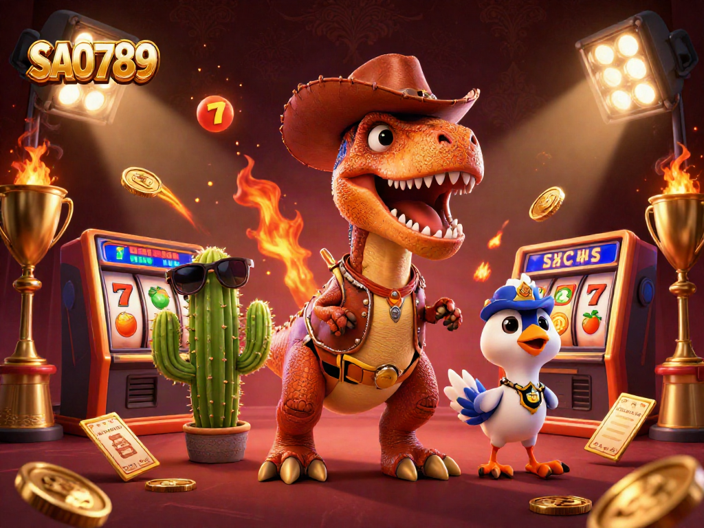 Experience the thrill of SAO789 casino with a T-Rex, cactus, and roadrunner in a vibrant 3D scene.