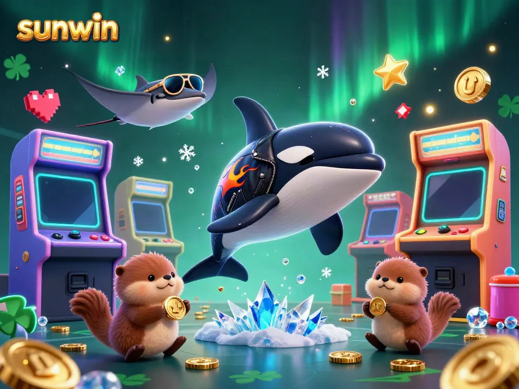 Catch exciting moments in sunwin's casino scene featuring an orca and sea otters amidst games and gold.