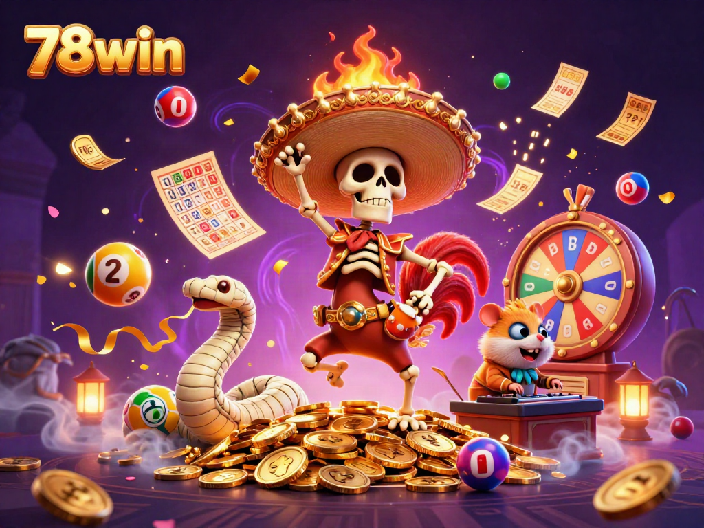 Experience the thrilling gameplay of 78win with vibrant casino elements and cartoon characters celebrating wins.