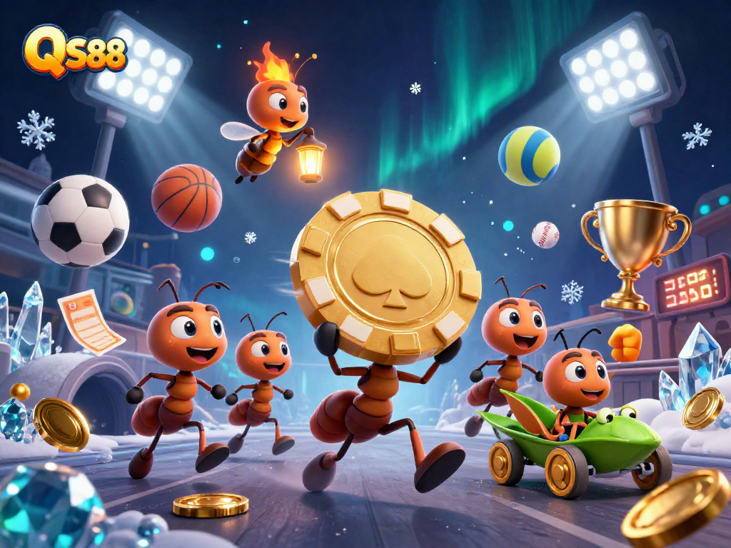 Join the heist with QS88’s animated ants, featuring golden poker chips and dynamic sports elements.