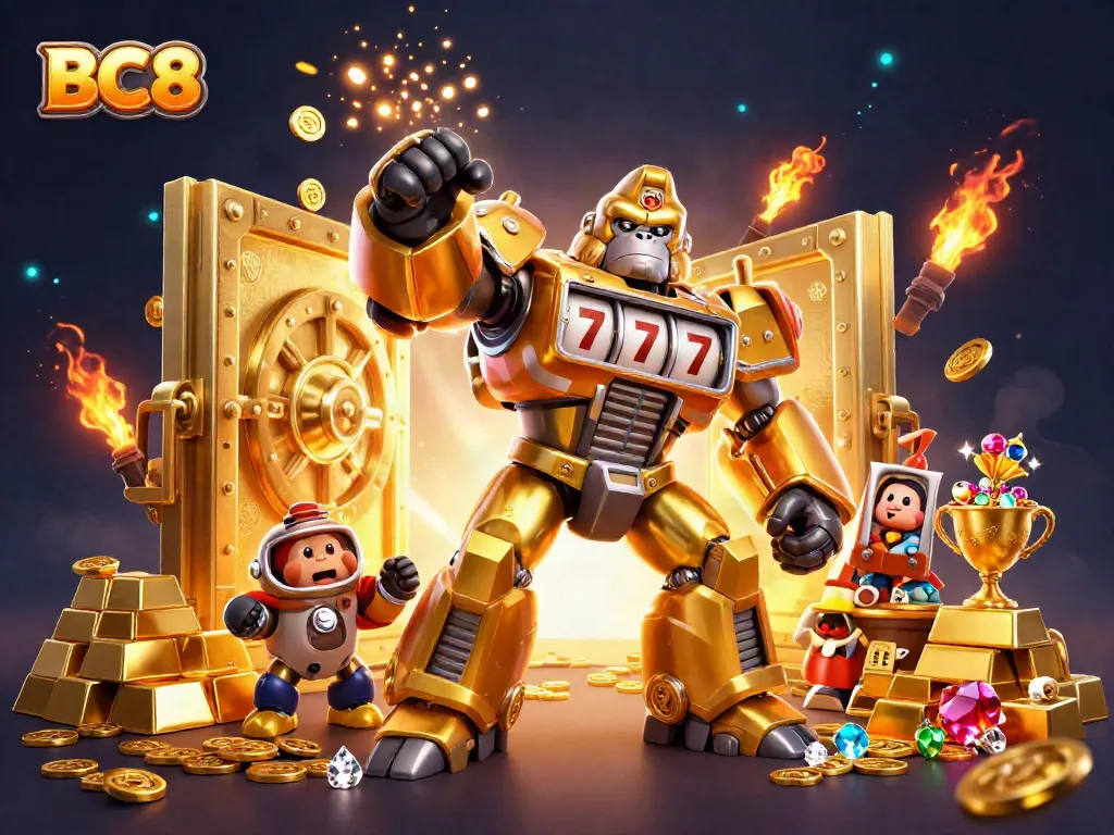Experience thrilling wins at BC8 with a golden gorilla mech surrounded by dynamic casino elements.