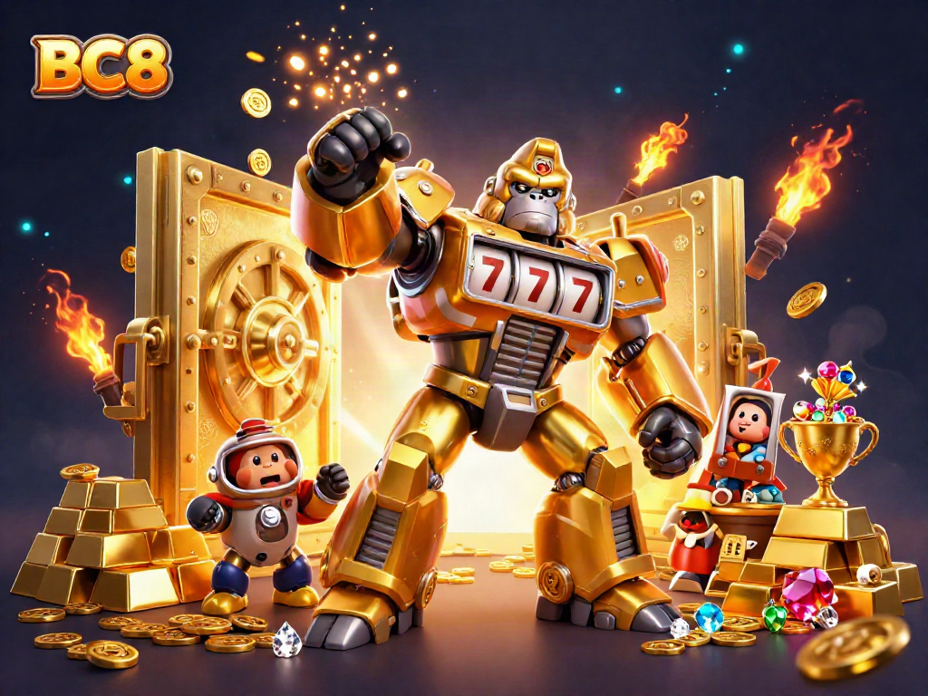 Experience thrilling wins at BC8 with a golden gorilla mech surrounded by dynamic casino elements.