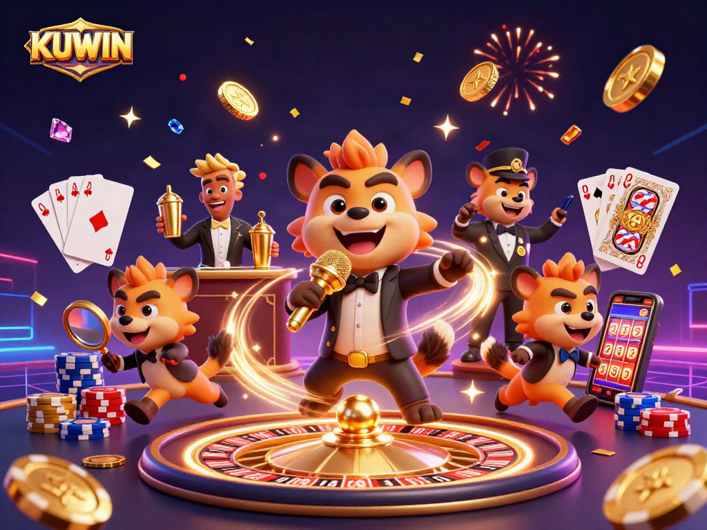 KUWIN offers a thrilling casino experience with hyenas in a lively comedy scene showcasing slot machines, poker chips, and celebration.