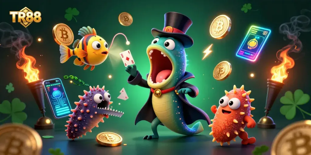 Experience the magic of TR88 as glowing sea creatures perform card tricks in an enchanting casino scene.
