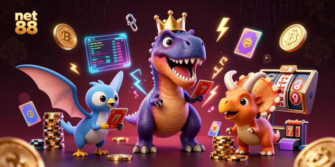 Play net 88 slots with a T-Rex shuffling cards amidst glowing cryptocurrency elements.