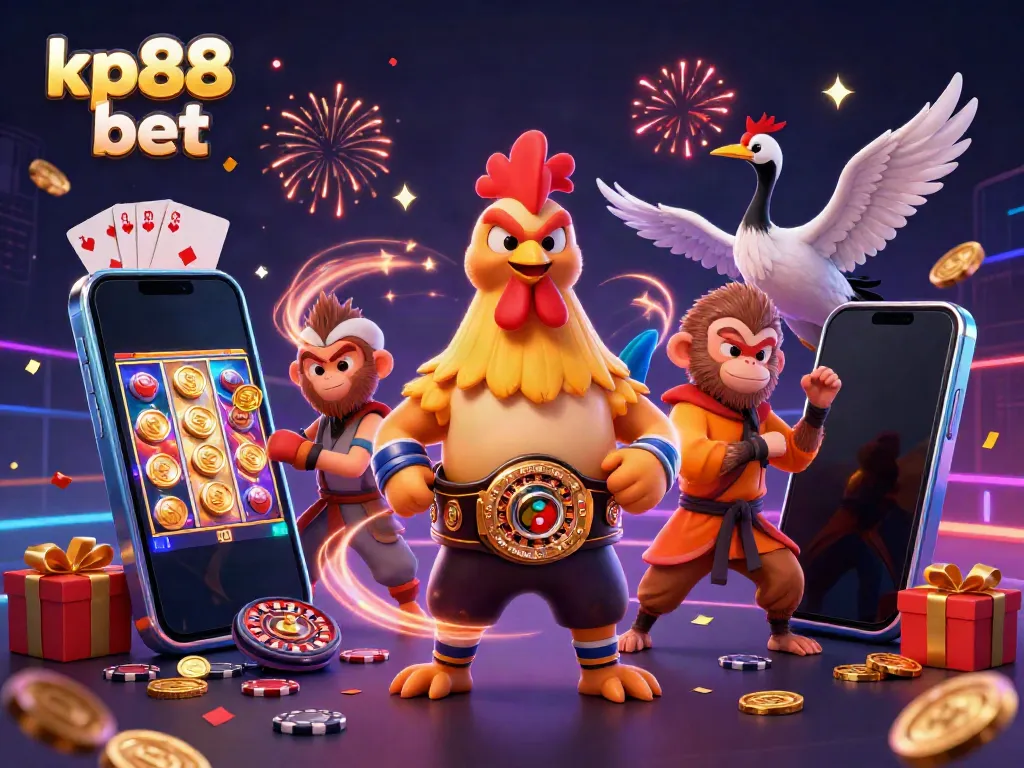 Experience thrilling kp88 bet action with vibrant casino characters and games in striking 3D illustration.