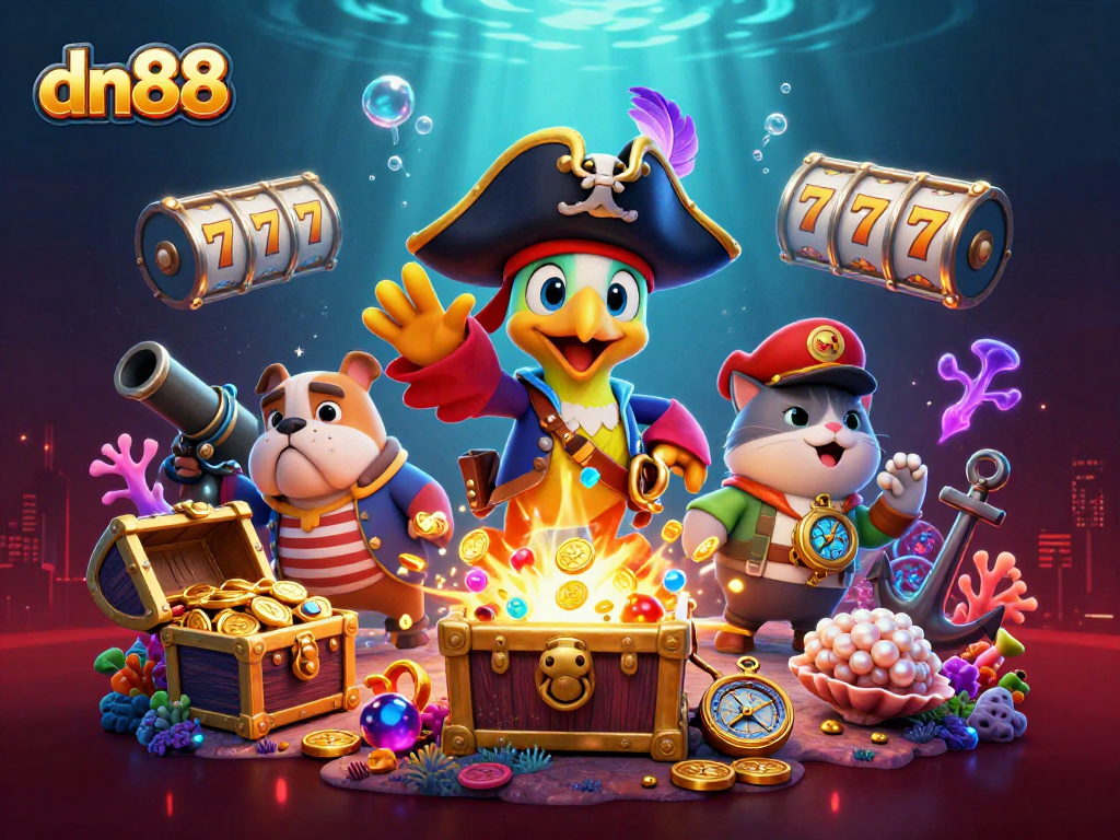 Play slots with dn88 featuring a pirate captain, bulldog, and cat in an exciting treasure scene.