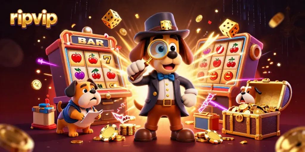 Engage in thrilling gameplay at ripvip with a detective uncovering treasures in a casino scene.