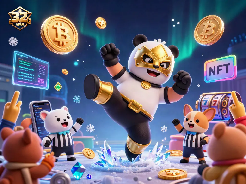 Experience the thrill of 32win with vibrant gaming action featuring a wrestler, referee, and crypto coins.
