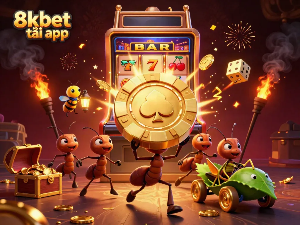 Engaging scene showing ants carrying a golden poker chip in a tunnel, promoting 8xbet tải app.