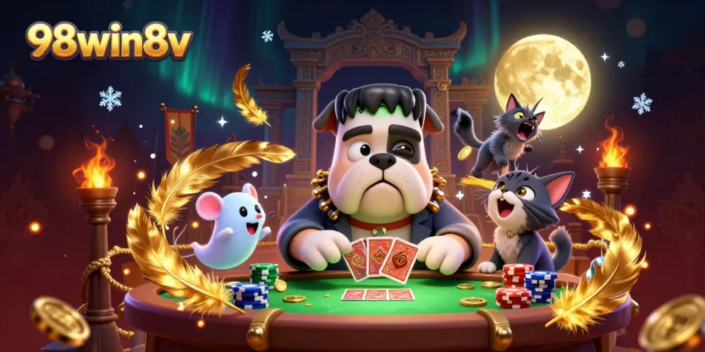 Engage with the vibrant 98win8v casino scene featuring a Frankenstein bulldog and ghost mouse in action.