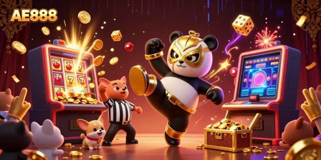 AE888 casino gaming scene with a panda wrestler and chihuahua referee surrounded by vibrant slot elements.