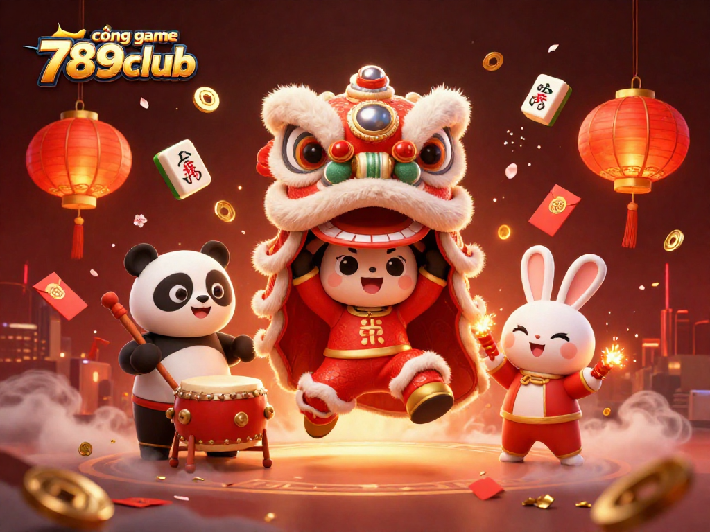 Engage with cổng game 789club through an exciting 3D illustration showcasing festive characters and rich casino elements.