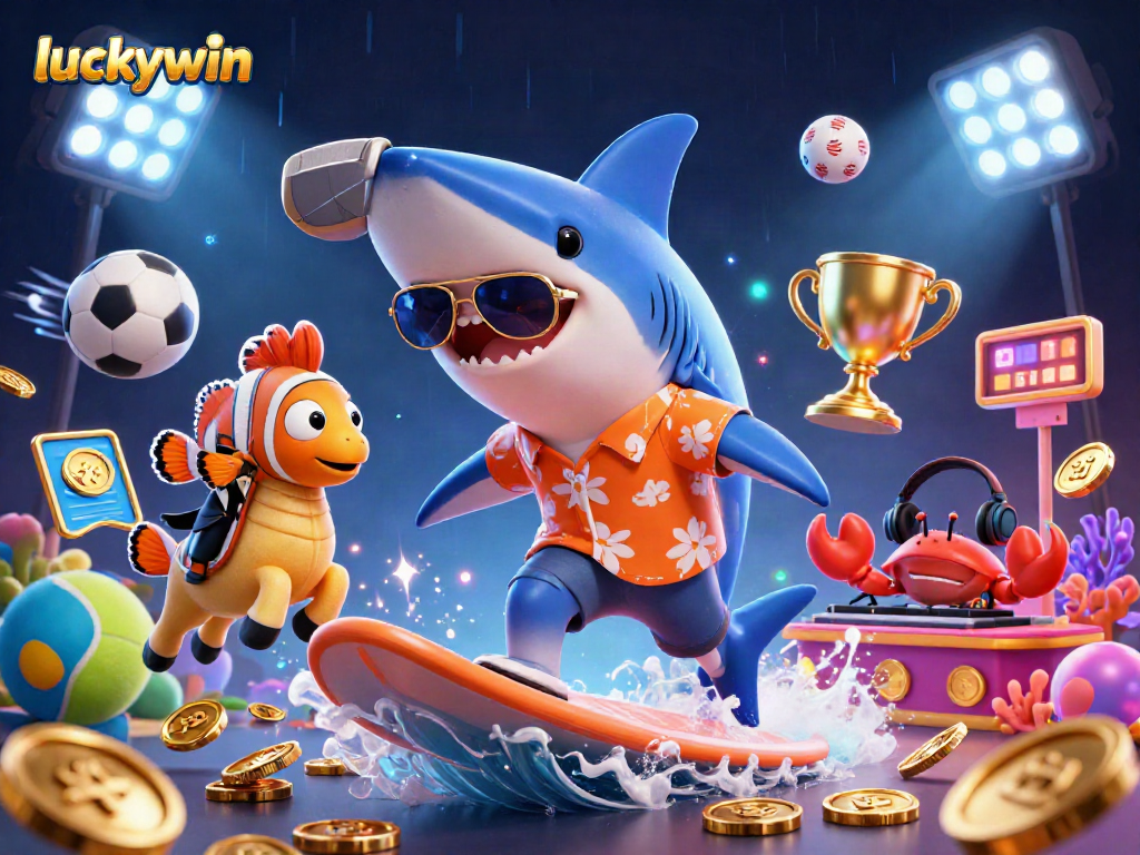 Engage with luckywin's vibrant casino adventure featuring a cartoon shark surfing gold coins alongside colorful sea characters!
