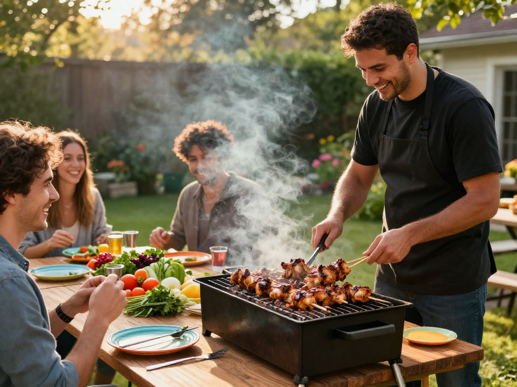 Deliciously grilled chicken skewers on a smoky barbecue featured at https://sambalrawitankoko.com, highlighting vibrant outdoor cooking and joyful gatherings.