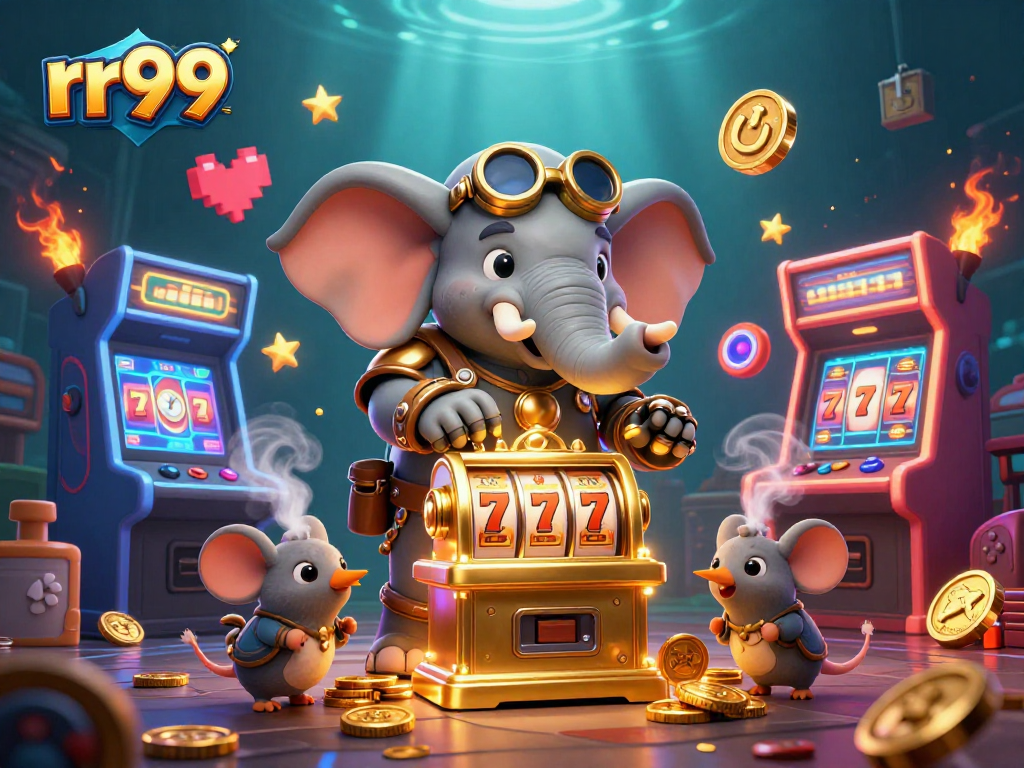 Experience thrilling wins at rr99 with a lively steampunk elephant operating a golden slot machine.