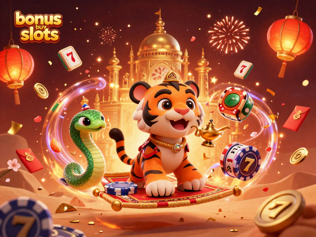 Experience thrilling bonus buy slots action with vibrant characters surrounded by lively casino elements.