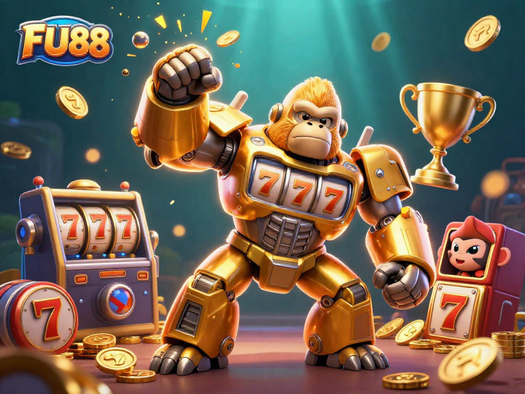 Play and win with FU88's exciting slot games featuring a dynamic golden gorilla mech.