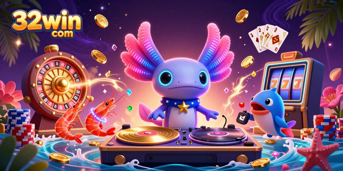 Experience the vibrant excitement of 32win com with a 3D neon underwater casino scene featuring a DJ axolotl and energetic sea creatures.