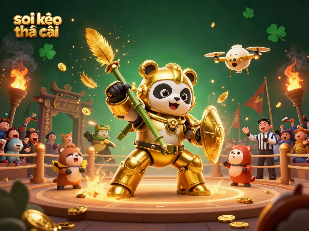 Soi kèo nhà cái: 3D cartoon mech-suit golden panda in an exciting sports betting scene