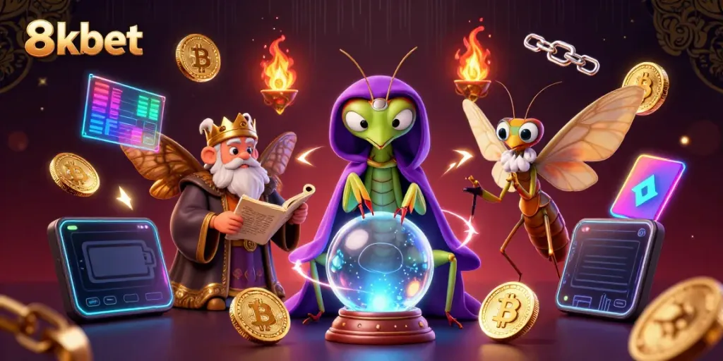 Engage in thrilling gaming with 8xbet, a vibrant 3D illustration showcasing casino elements and crypto coins.