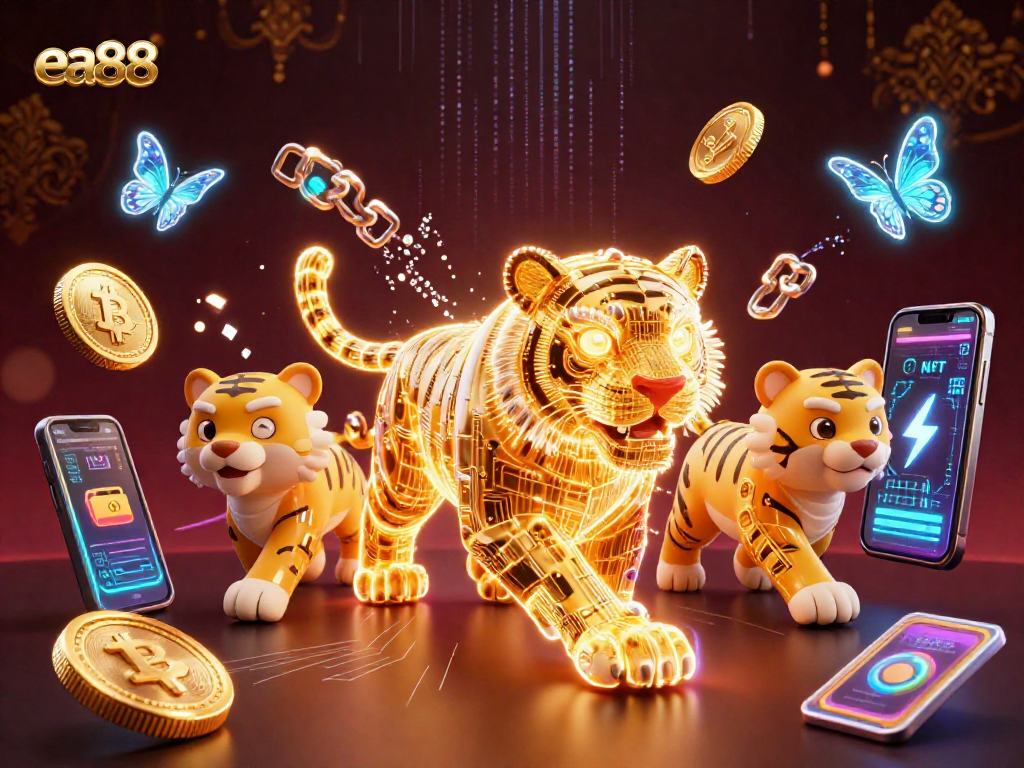 Win exciting prizes with ea88 in a vibrant digital casino landscape featuring a golden tiger.