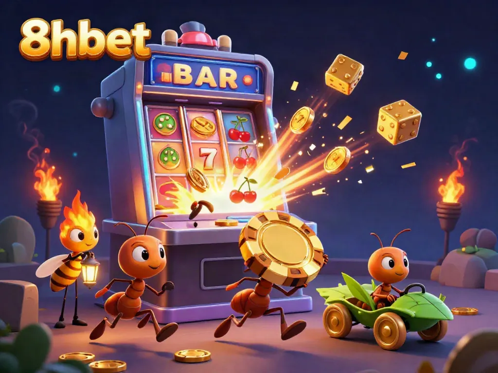 Experience thrilling action with 8xbet as animated ants run a heist for a giant golden poker chip.