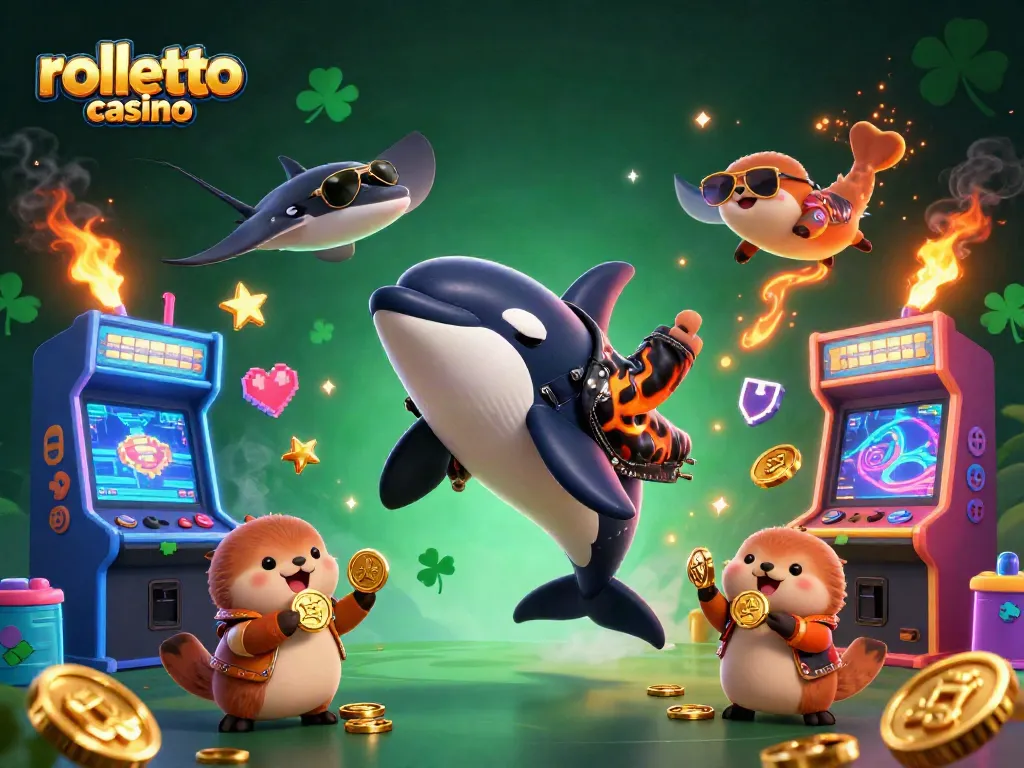 Experience the thrill of rolletto casino with animated characters surrounded by dynamic gaming elements.
