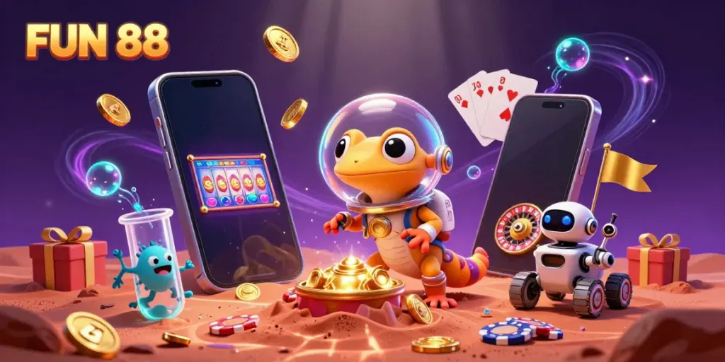 Experience FUN 88 with a cheerful Martian gecko celebrating at a vibrant casino scene.