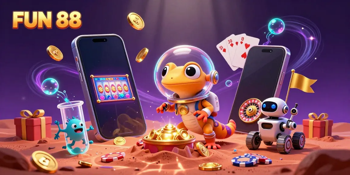 Experience FUN 88 with a cheerful Martian gecko celebrating at a vibrant casino scene.