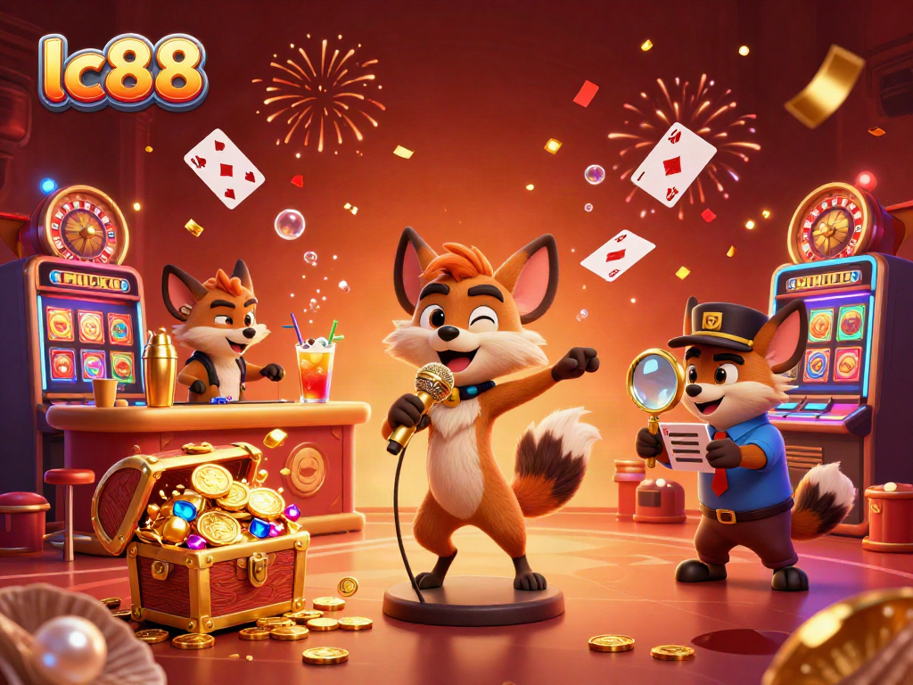 Experience laughter and excitement at lc88's comedy casino scene with hyenas entertaining guests.