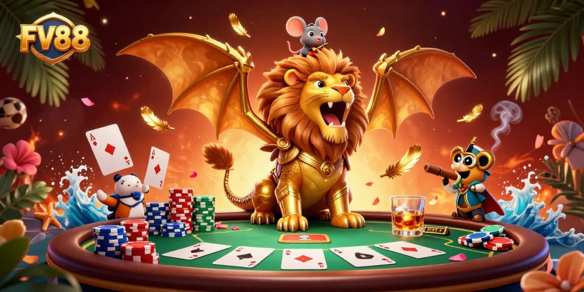Play poker and win big at FV88 with this engaging 3D illustration showcasing a dynamic casino scene.