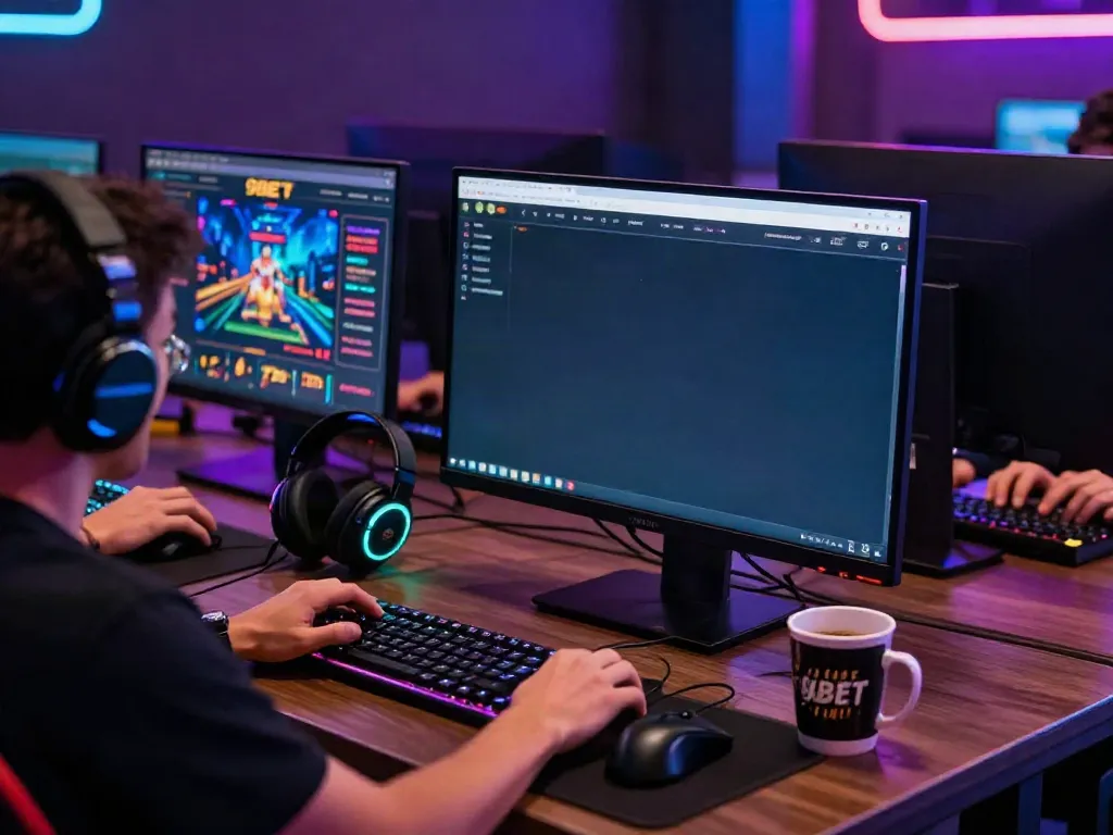 Engaging online gaming experience on 9bet platform with monitor and accessories.