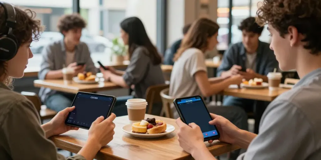Engaged gamer using ORION88 app in lively café setting.