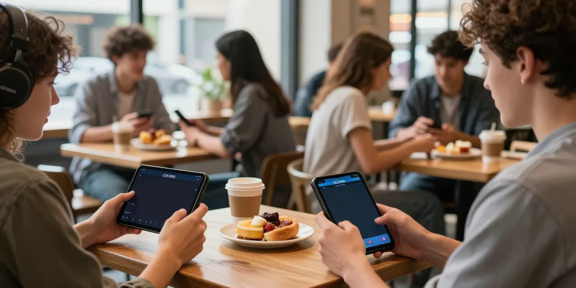 Engaged gamer using ORION88 app in lively café setting.