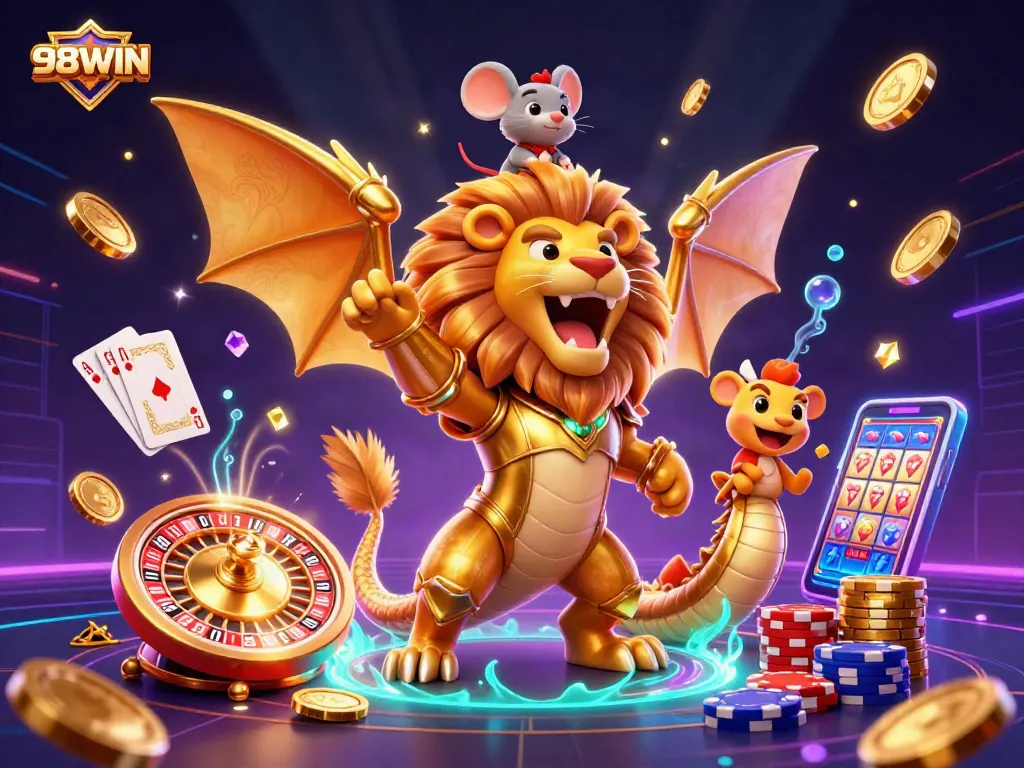 Experience the thrill with 98WIN's vibrant casino scene, featuring a triumphant chimera and dynamic gambling elements.