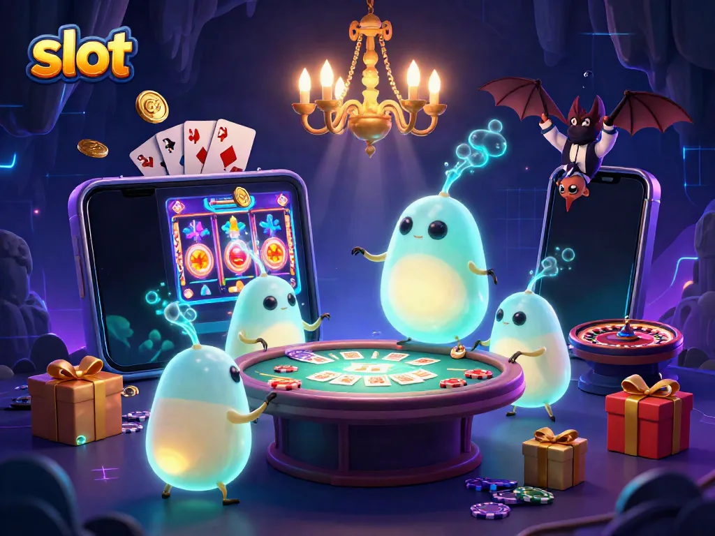 Menangkan slot selagi glowworm menerangi kasino, dikelilingi oleh koin emas dan permainan slot.