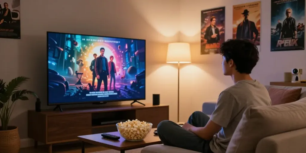 Home movie watching experience with idlix entertainment setup, showcasing cozy atmosphere and vibrant visuals.
