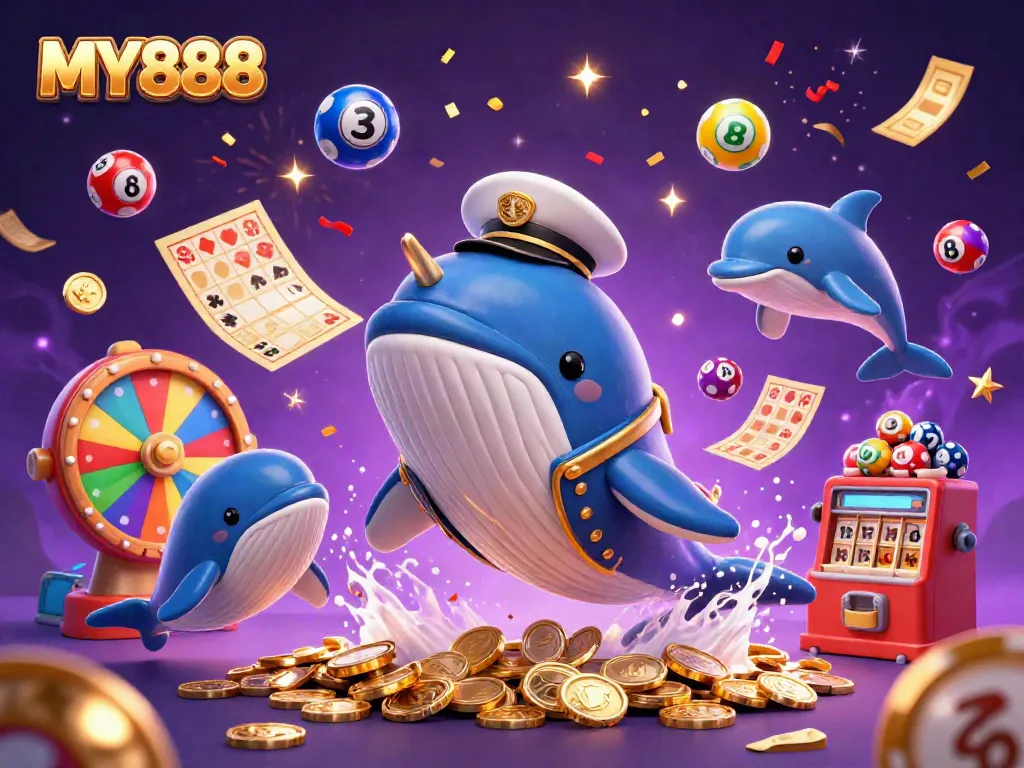Engage with MY888 by winning huge rewards in a vibrant casino scene filled with playful marine characters and dynamic game elements.