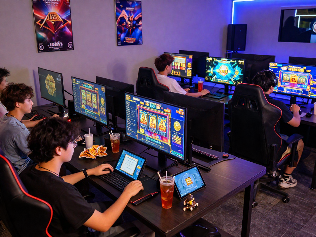 Exciting gaming session at ROKOK88 with diverse players engaged in slot games, showcasing vibrant win notifications and modern gaming setup.