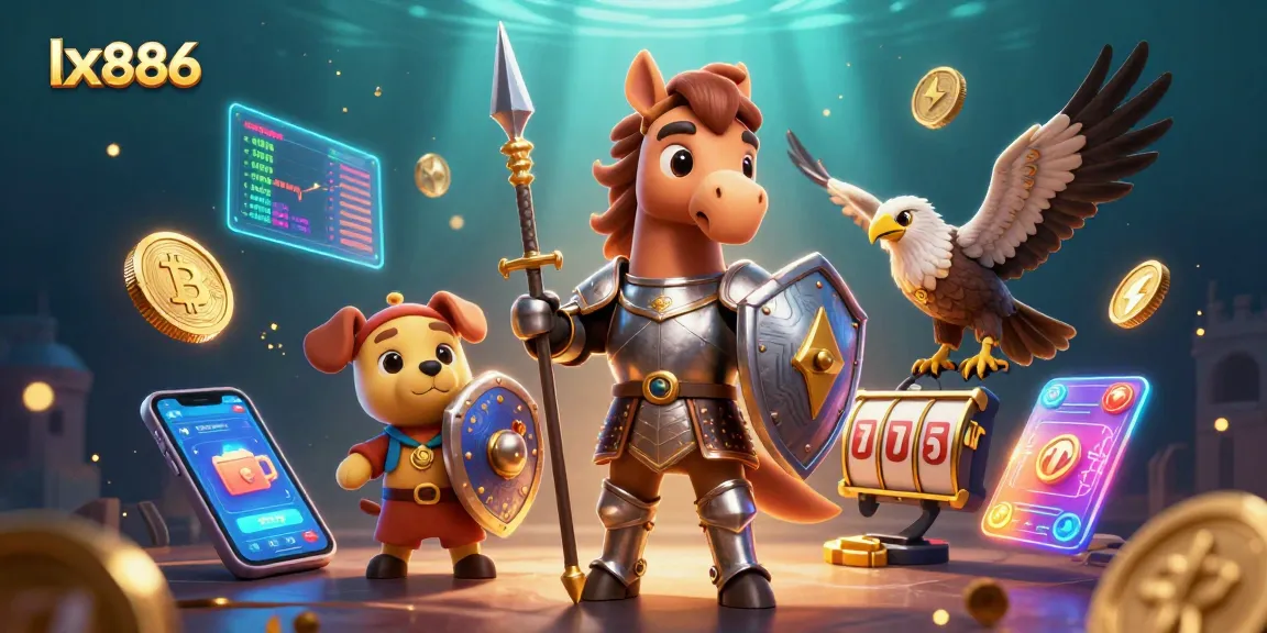 Experience dynamic gaming action at lx886 with colorful 3D characters and neon cryptocurrency elements.