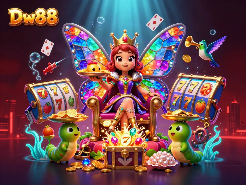 Spin and win at Dw88 with a luxurious casino-themed butterfly spectacle featuring vibrant slot elements.