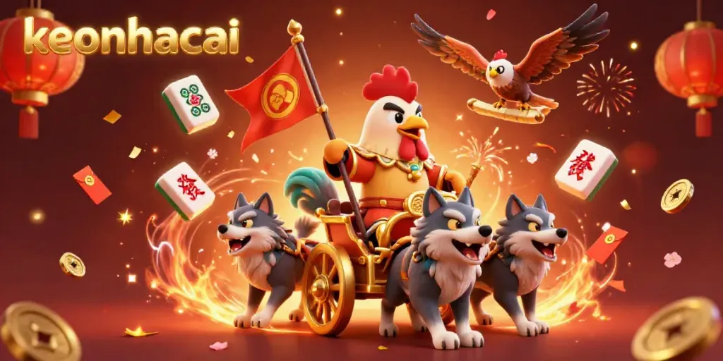 Experience keonhacai's dynamic betting world with a rooster warlord leading a vibrant celebration.