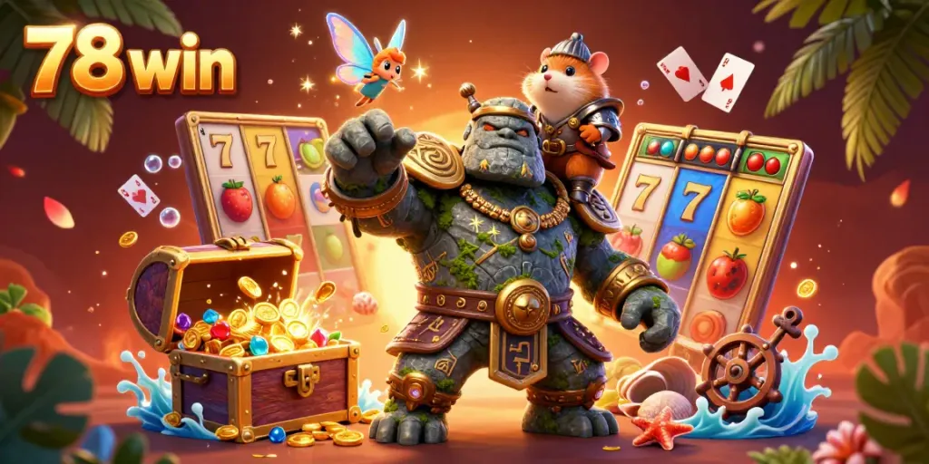 Experience the excitement of 78 win with lively casino elements and magical characters in a vibrant scene.