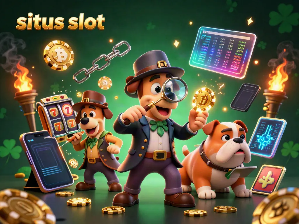 Engage in situs slot fun with a detective and companion amidst glowing coins and jackpot symbols.