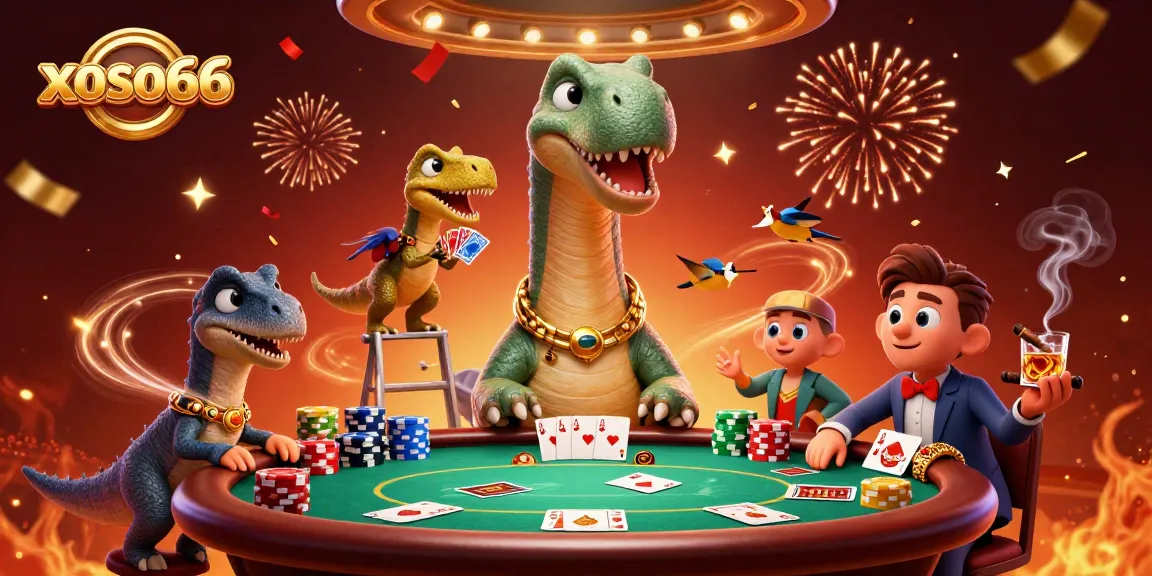 Engage with xoso66 as a brontosaurus towers over a vibrant poker game scene, showcasing excitement.