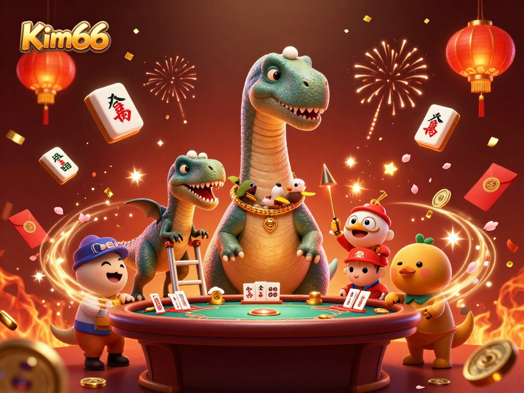 Engage with thrilling casino action at Kim66 with a vibrant 3D illustration of a dinosaur-themed poker scene.