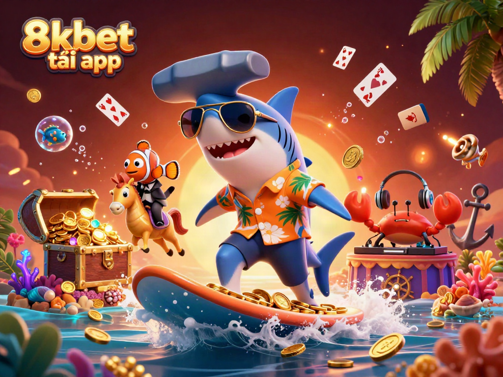 Immerse yourself in the 8xbet tải app adventure with a colorful underwater scene featuring a shark surfing on gold coins.