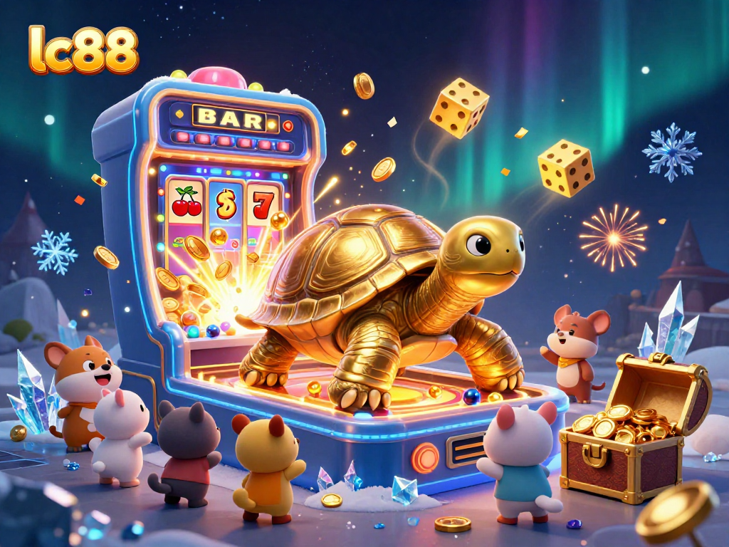 Enjoy exciting gameplay at lc88 with a colossal golden tortoise pinball machine surrounded by winning casino elements.